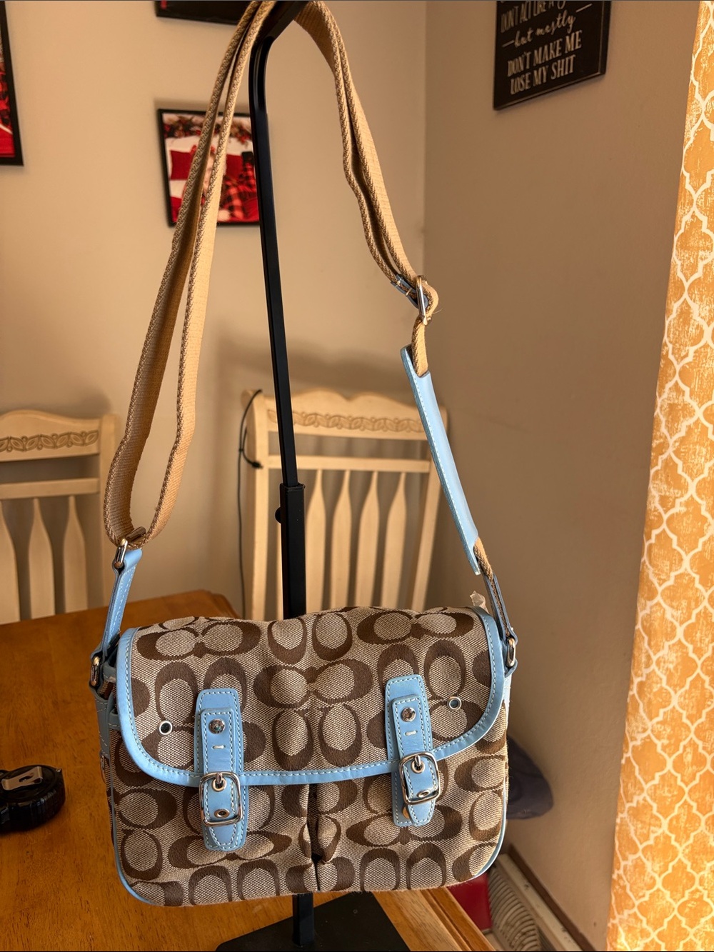 Coach Signature Canvas Crossbody with Light Blue Trim